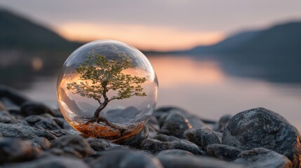 Tree Inside Glass Sphere on Rocky Shore at Sunset