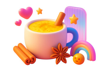 Whimsical turmeric latte with cinnamon, star anise, hearts, and rainbow in playful style on clean white background, concept of cozy drink. Ai generative