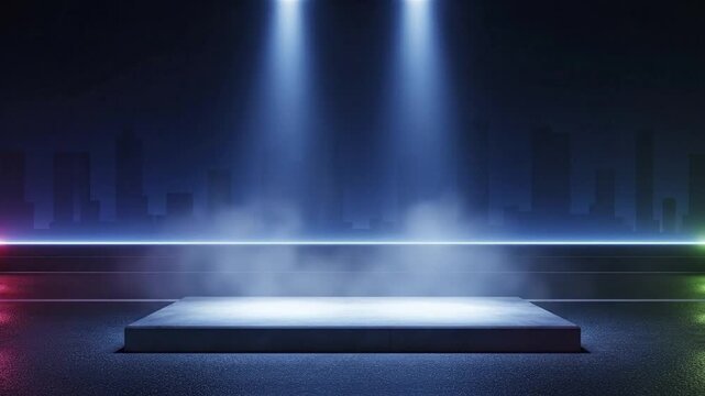 A dark scene features a square stage lit by blue spotlights with mist a glowing horizontal line and abstract building silhouettes