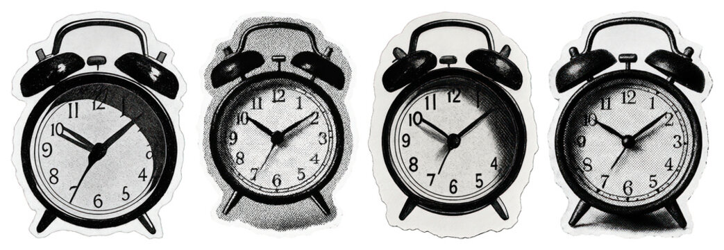 Vintage alarm clocks in sequence
