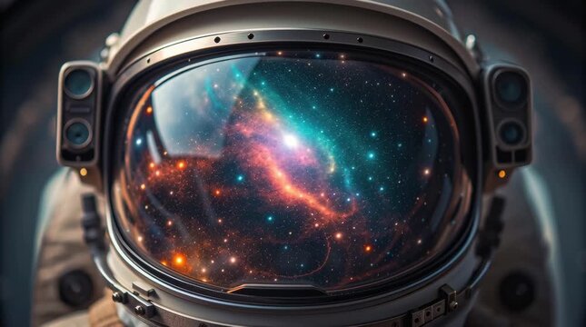 Stunning astronaut helmet with intricate visor reflects vibrant cosmic scene filled with galaxies and stars, inspiring exploration and evoking wonder in vast universe of space and cosmos