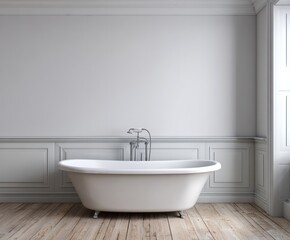 A stylish, antique-style bathtub sits gracefully in a light, elegant, and classic bathroom interior with pale gray walls and wooden floors.