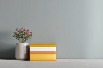 minimalist desk setup featuring array of beautifully arranged books with floating digital annotations
