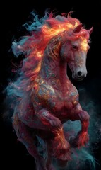 Red Lunar New Year Horse with Golden Floral Ornaments on Dark Background. Chinese New Year Calendar