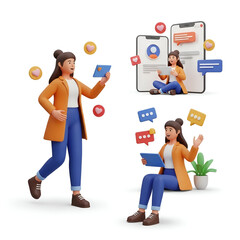 3d illustration of a woman interacting with social media elements like phones, chat bubbles, and hearts, isolated on white background
