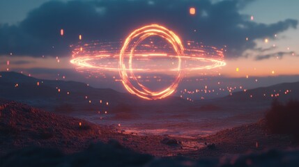 Enigmatic Orange Ring over a Desolate Landscape at Dusk