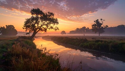 Fototapeta premium Serene Sunrise Over a Misty River Valley