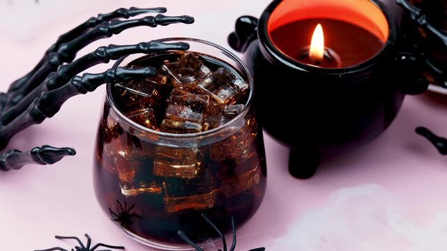 Skeleton hand holds glass of dark drink with ice near cauldron candle for Halloween celebration