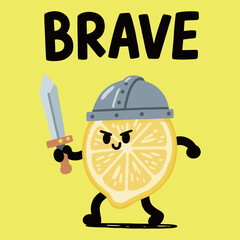 A humorous and vibrant cartoon illustration of a brave lemon character, dressed as a knight with a helmet and sword, ready for battle.