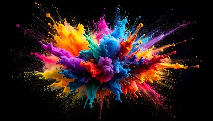 A vibrant explosion of colorful powder against a black background, creating a dynamic and energetic visual effect