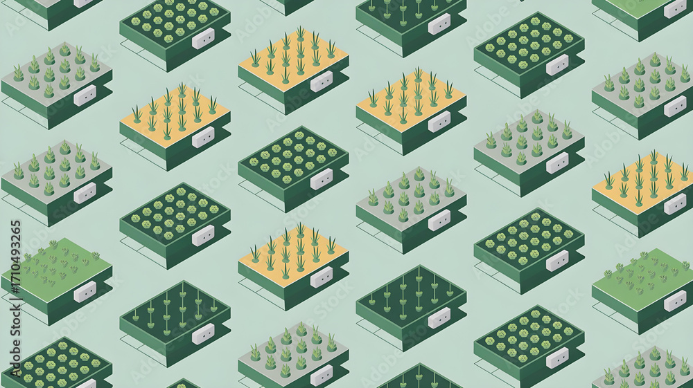 Poster a subtle, repeating isometric pattern of hydroponic farming modules.
