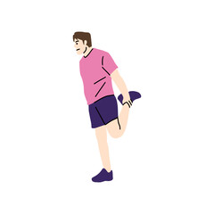 Man in sportswear stretches leg, warming up before exercise or workout; simple flat vector style illustration for fitness, health or wellness concepts
