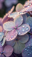 Rain-soaked petals of hydrangea with water beads reflecting ambient color.