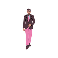 Fashionable man in a suit and pink pants strides forward confidently, a contemporary style for business or casual settings, radiating modern elegance