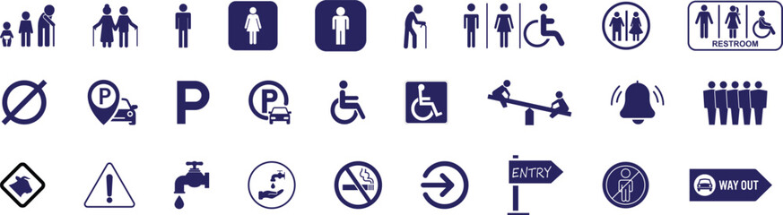 Traffic signs and public places regulatory symbols icons set. Ladies and gents toilet, men. women, no smoking, drinking water, silence, handicap, parking, right side etc
