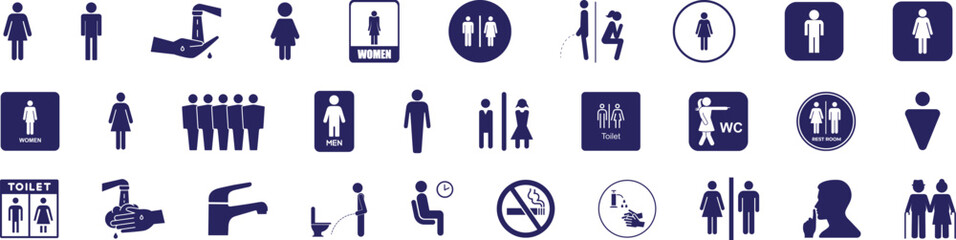 Public places regulatory signs and symbols set. Ladies and gents toilet, men. women, no smoking, drinking water, silence, handicap etc