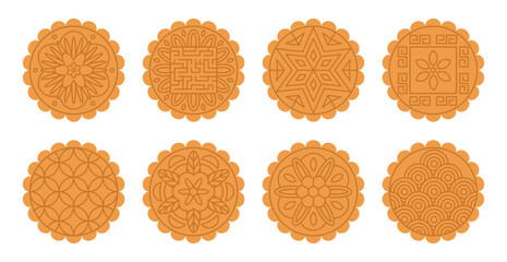 Top view of Mooncakes collection, isolated clip art. Chinese Happy Mid Autumn Festival. Flat vector illustration. Traditional holiday food design elements set for banner poster card