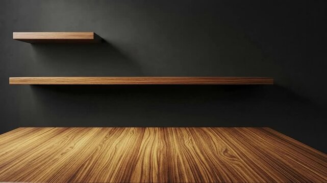 Two floating wooden shelves and a wide wooden tabletop presented against a dark textured wall