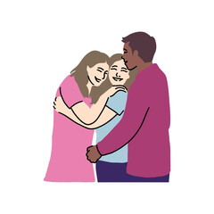 Happy family of three embracing, father kissing daughter on forehead, mother hugging daughter, bonding moment, love and togetherness portrayed