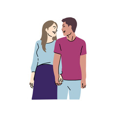 Smiling couple holding hands and looking into each other's eyes with affection, a minimalist style representation of romance and connection