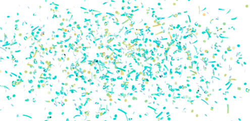 Celebrate with this festive image of teal and gold confetti falling on a white background. Perfect for invitations, cards, and more!