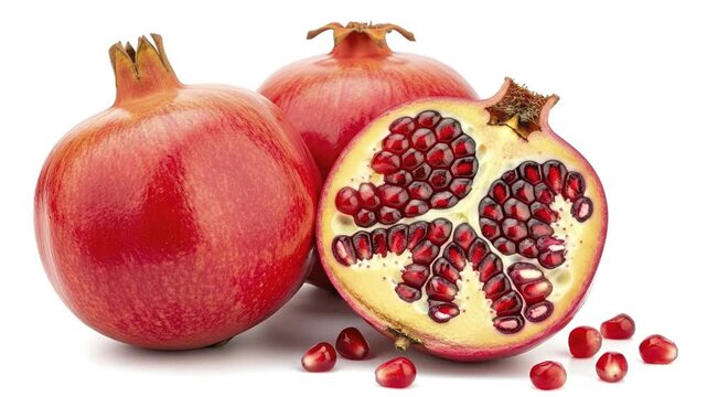 Several vibrant red pomegranates one sliced open revealing ruby arils and pale pith are arranged on a clean white surface with scattered seeds