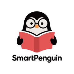 A charming and clever logo design of a cartoon penguin wearing glasses and reading a book, symbolizing intelligence, learning, and education.