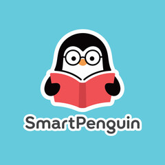 A charming and clever logo design of a cartoon penguin wearing glasses and reading a book, symbolizing intelligence, learning, and education.
