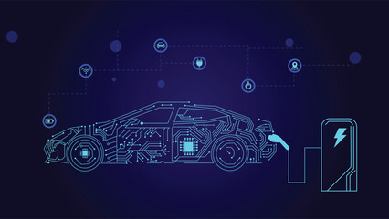 Modern electric car charging background with digital circuits and tech symbols, perfect for energy, innovation, mobility, and smart technology themes