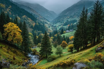 Fototapeta premium Serene Mountain Landscape with Lush Green Valley and Autumn Foliage in Misty Weather