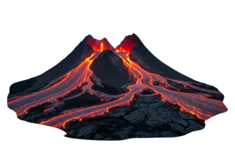 A dramatic close-up view of a volcano erupting, showcasing glowing lava flows cascading down its slopes against a dark background.