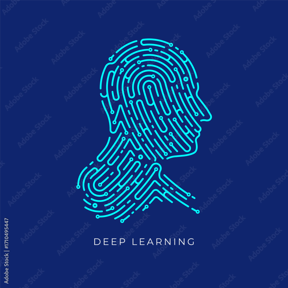 Poster concept of deep learning or machine learning, graphic of ai head combined with fingerprint pattern
