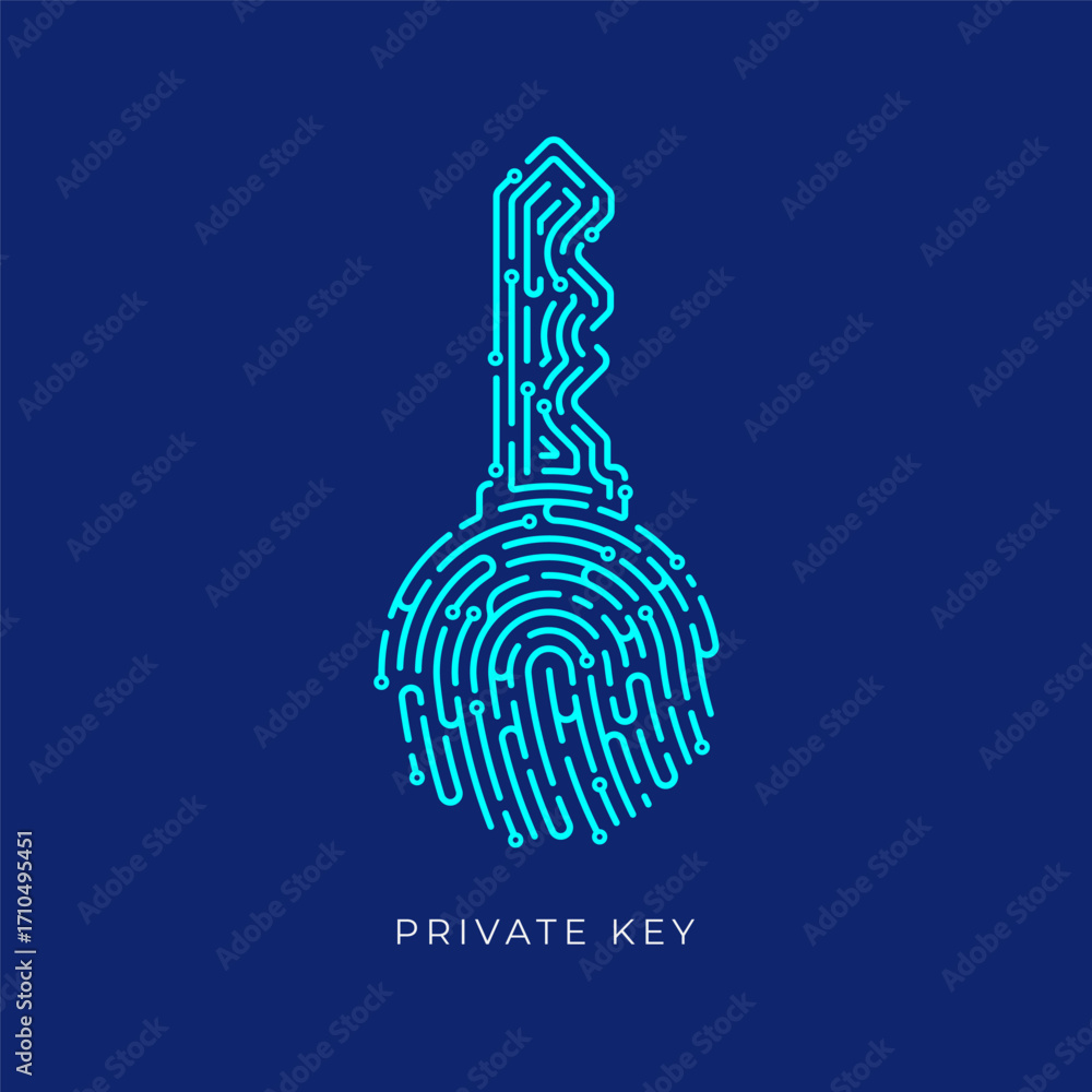 Aufkleber concept of private key or digital key, lined graphic of key shape combined with fingerprint managed 