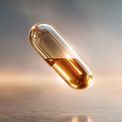 輝く液体入りのカプセル薬のクローズアップ。医療や健康関連のイメージ素材。