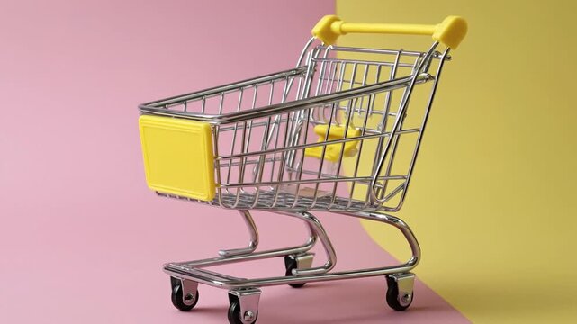 Chrome shopping cart yellow accents rests against pinkyellow split backdrop