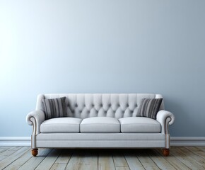 A light gray, tufted sofa with dark gray and white striped cushions sits against a pale blue wall in a classic, serene interior setting.