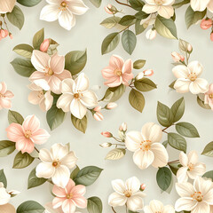 Seamless Floral Symphony: A delicate composition of blossoming flowers weaves an intricate pattern, showcasing an elegant design of botanical beauty.