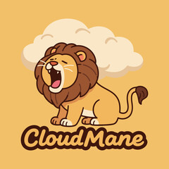 CloudMane logo design featuring a cute and happy cartoon lion roaring, with its mane shaped like a white cloud, a playful mascot for a cloud computing brand.