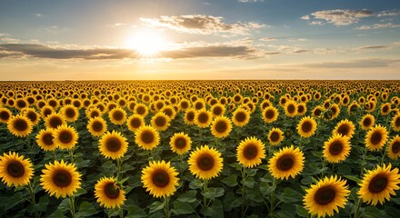 Golden sunflower field at sunset