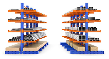 Double row of cantilever modular storage racking system on white background - 3D illustration

