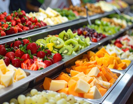 Vibrant array of fresh cut fruits and vegetables for a healthy buffet