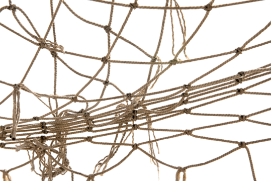 Torn Football or tennis net. Rope mesh on a white background close-up