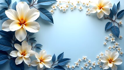 Elegant floral backgrounds with white flowers and blue leaves, decorative botanical borders, sophisticated floral frames, serene and beautiful flower illustrations, graceful nature-themed borders.