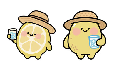 Two cute cartoon lemon characters wearing sun hats and holding a glass of water, a fun and refreshing vector illustration for summer.