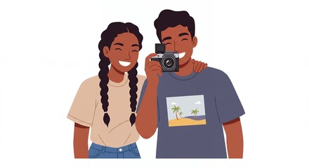Smiling people taking photo with camera