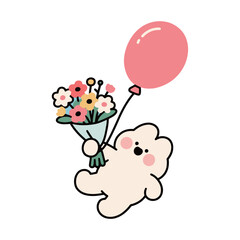 Cute cartoon character shaped like a teddy bear or cloud flying and holding a bouquet of flowers and a pink balloon, a sweet and simple vector illustration.