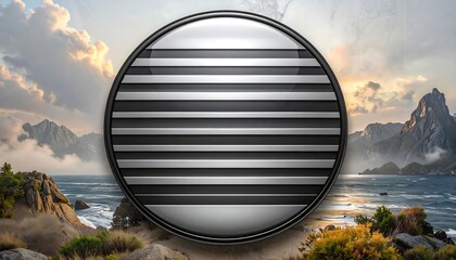 Round metallic emblem on a scenic backdrop