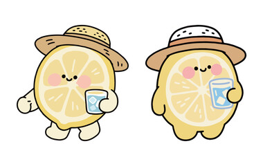 Two cute cartoon lemon characters wearing sun hats and holding a glass of water, a fun and refreshing vector illustration for summer drinks or food.