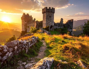 Fototapeta premium Historic Stone Castle Ruins at Sunset with Glowing Light and Stone Wall in Foreground Landscape Photography