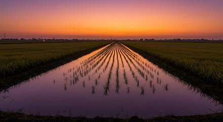 Sunrise over irrigation canal in rice paddy field